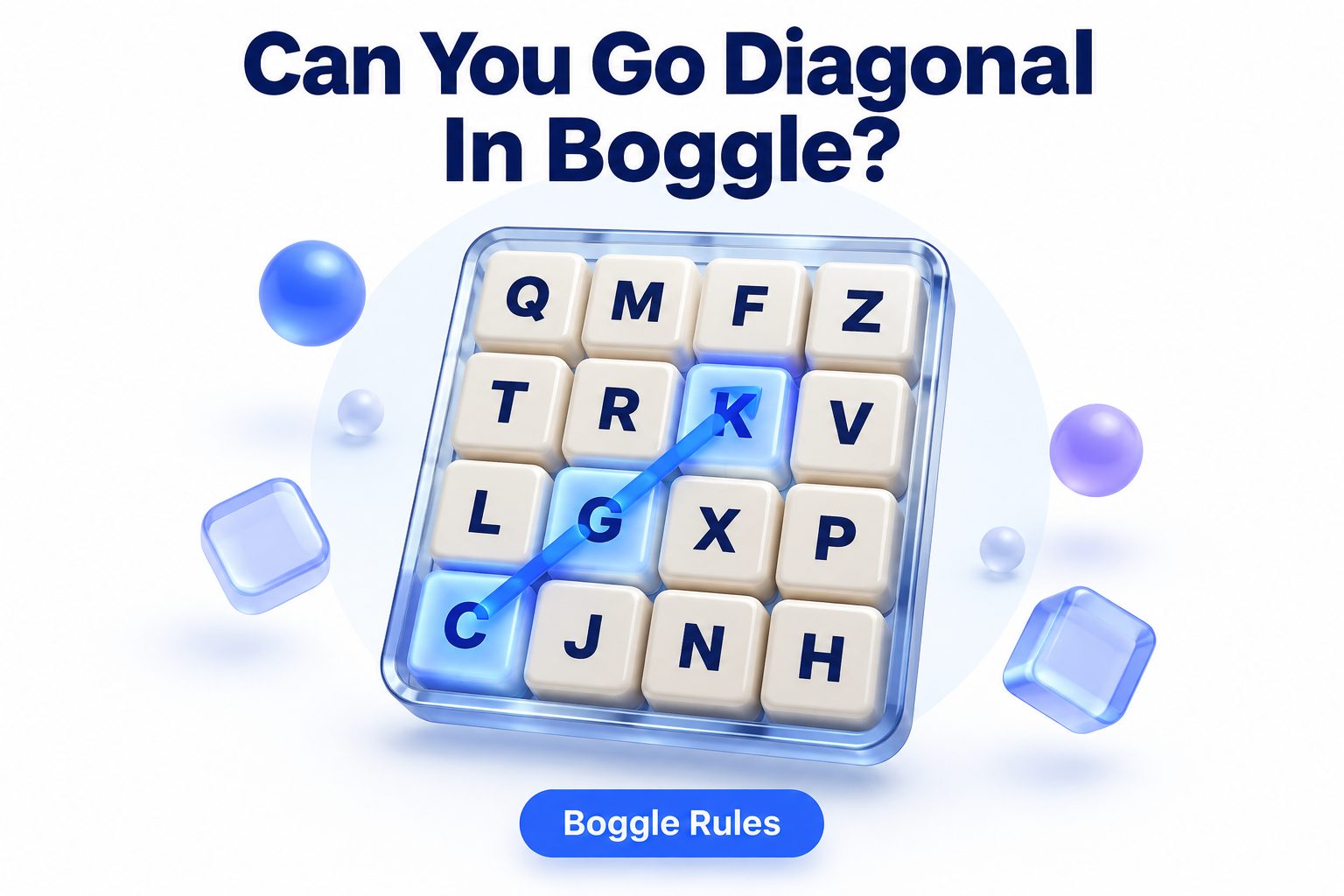 Boggle board showing a word traced diagonally across adjacent letter cubes.